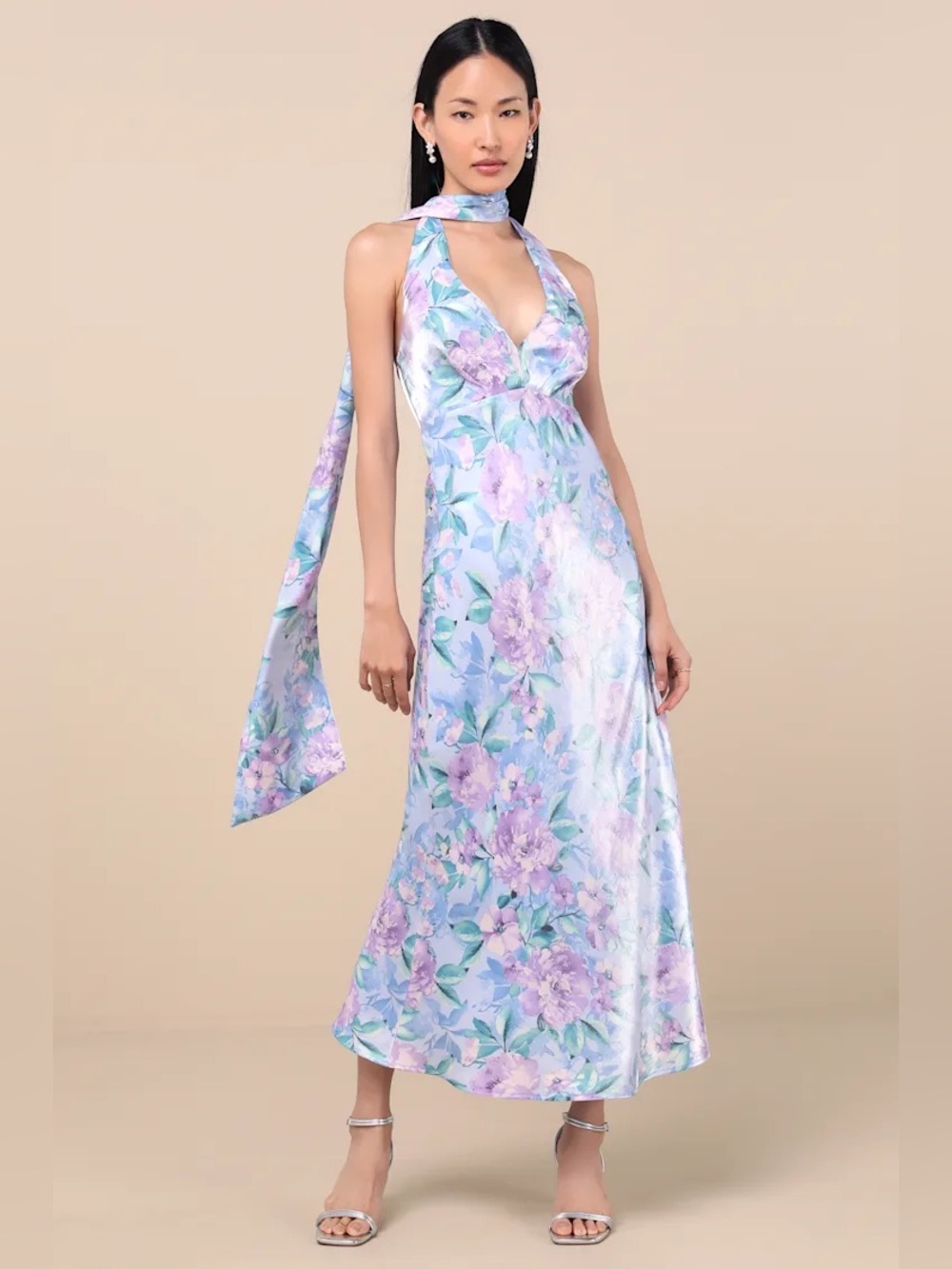 Lulus Malani Light Blue Floral Satin Sash Midi Dress size XL